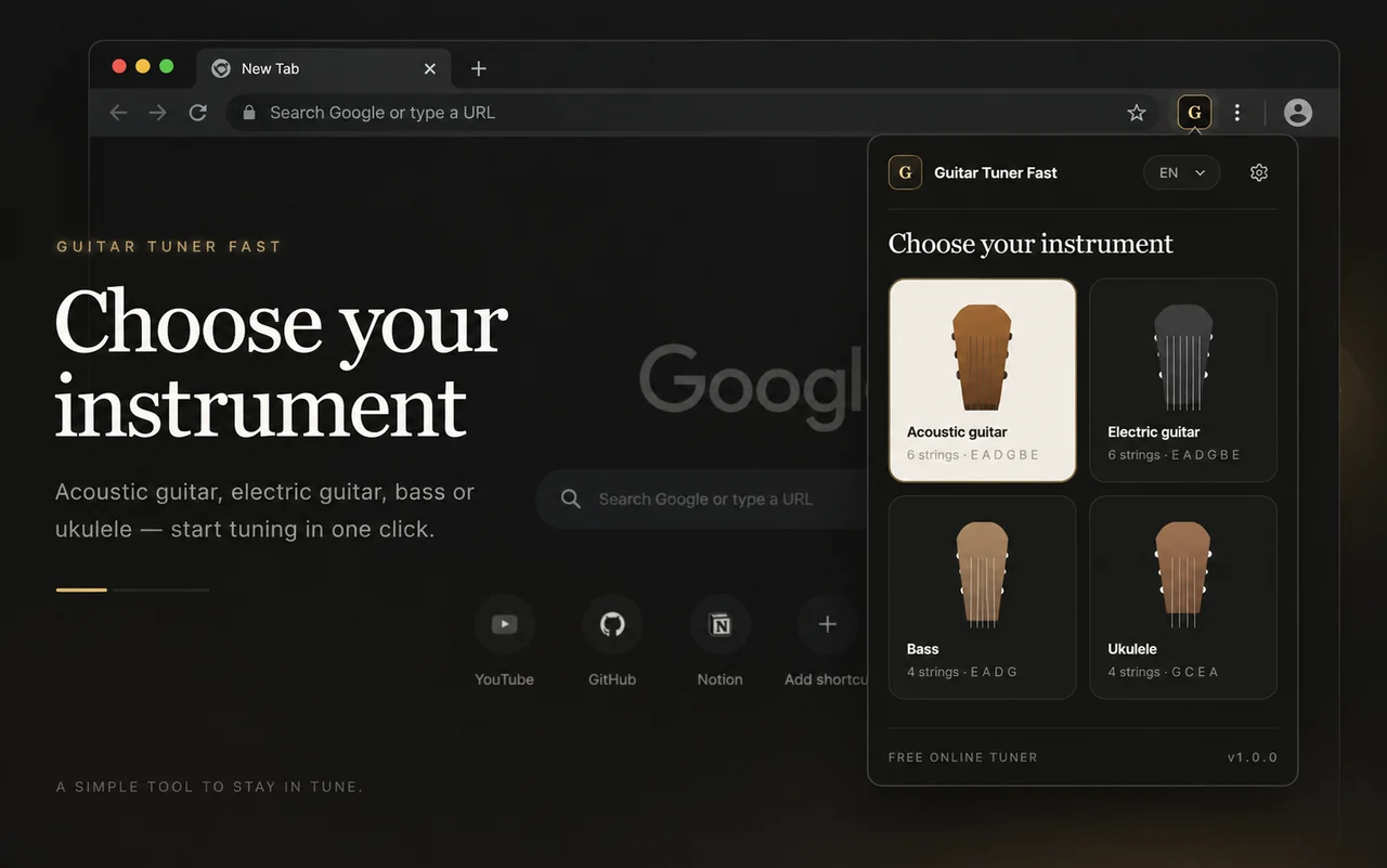 Extension Chrome Guitar Tuner Fast avec le choix de l'instrument